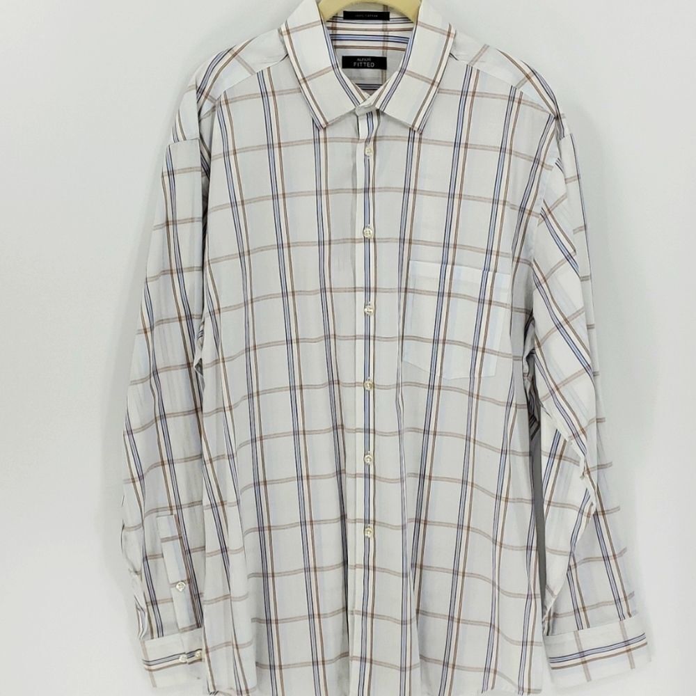 Alfani mens long sleeve dress shirt. Button down. White & Tan plaid 16.5‎ Lg
